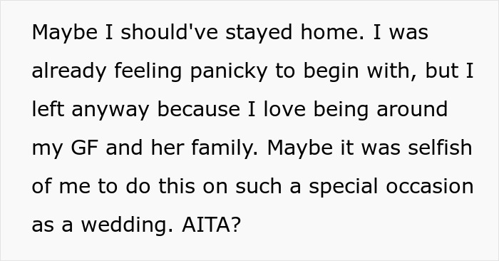 Text about feeling panicky at wedding and questioning behavior Text about feeling panicky at wedding and questioning behavior