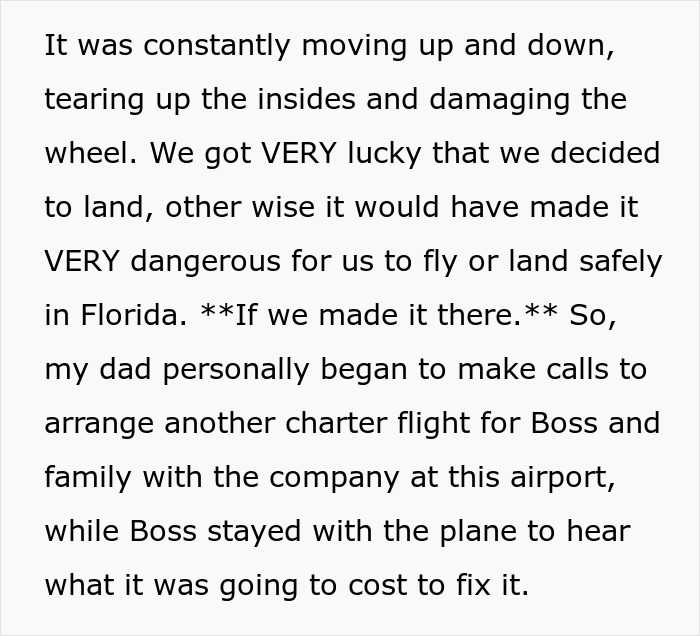 Text describing dangerous plane wheel damage and arranging new charter flight Text describing dangerous plane wheel damage and arranging new charter flight