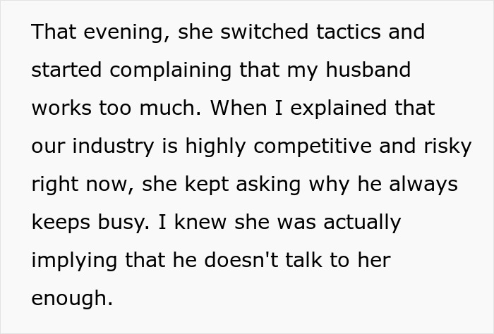 Text about mother-in-law complaining husband works too much Text about mother-in-law complaining husband works too much