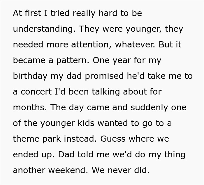 A screenshot showing text about a father promising to take his daughter to a concert but replacing it with stepkids desire. A screenshot showing text about a father promising to take his daughter to a concert but replacing it with stepkids desire.