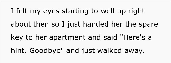 A partner giving their picky eater girlfriend a key and saying goodbye to end the relationship. A partner giving their picky eater girlfriend a key and saying goodbye to end the relationship.