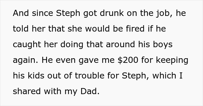 Text describing Steph getting drunk on job and being warned she will be fired by boss Text describing Steph getting drunk on job and being warned she will be fired by boss