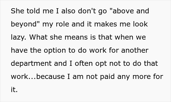 A screenshot of text about an ableist Karen accusing a coworker of being lazy for not doing extra work.