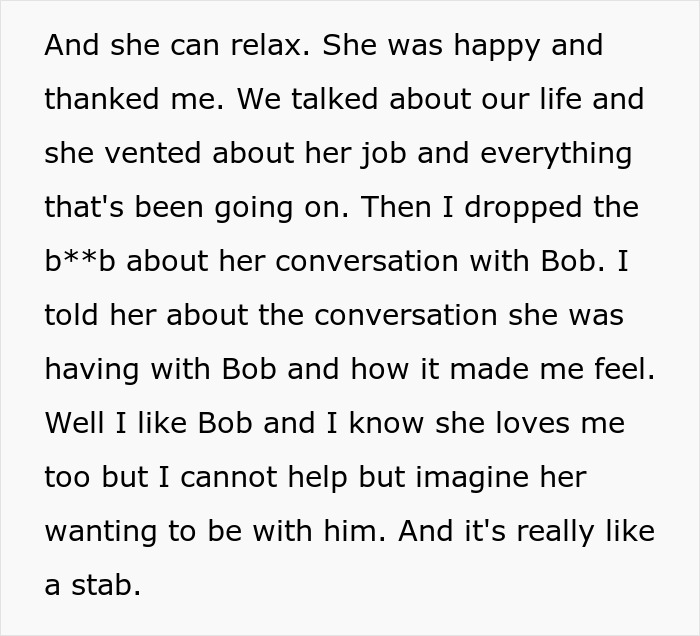 A screenshot of a text detailing a husband's accident and his ex-wife's refusal to leave his side, highlighting relationship struggles.