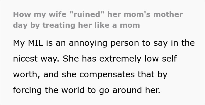 Text: A daughter's special Mothers Day plan was ruined by her attention-seeker mom, causing family distress. Text: A daughter's special Mothers Day plan was ruined by her attention-seeker mom, causing family distress.
