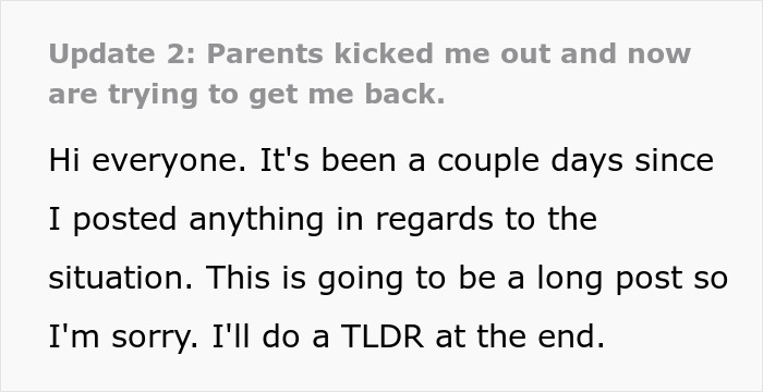 A screenshot of an update from a woman who was told to leave home by her parents, who now want her back.