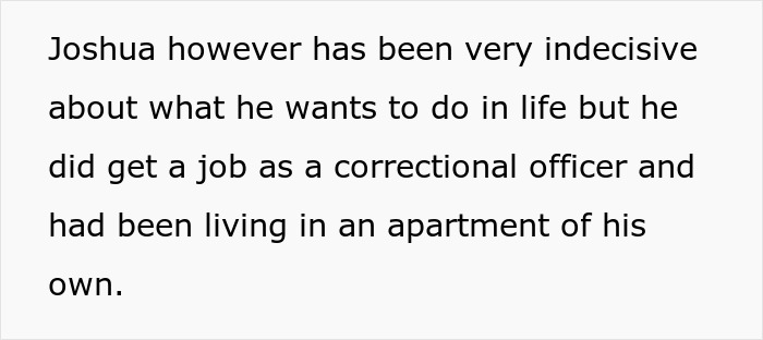 Text describing the second 22-year-old twin brother, Joshua, a correctional officer, impacting the 18YO's room issue. Text describing the second 22-year-old twin brother, Joshua, a correctional officer, impacting the 18YO's room issue.