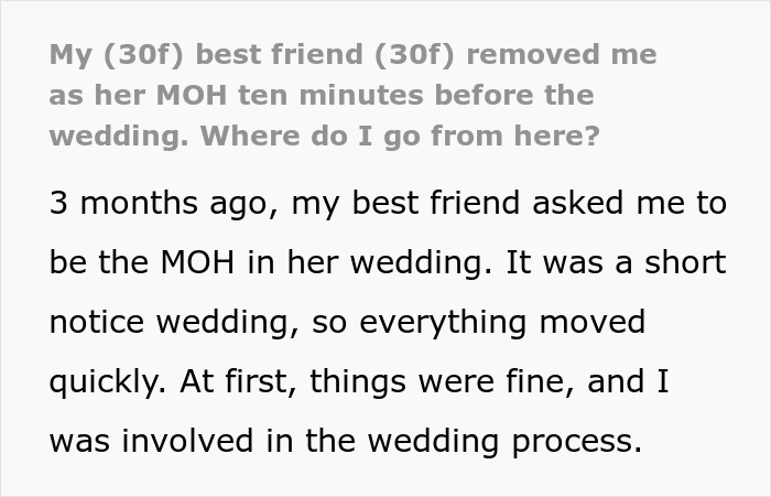 Text about MOH responsibilities and last minute removal before wedding