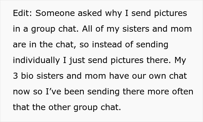 Text explaining group chat with sisters and mom for sharing pictures Text explaining group chat with sisters and mom for sharing pictures