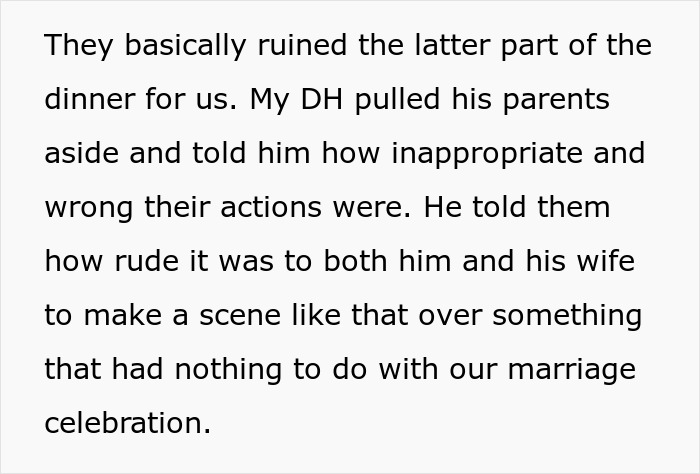 The groom confronting his parents after the MIL turned the rehearsal dinner into a spectacle, upsetting the bride. The groom confronting his parents after the MIL turned the rehearsal dinner into a spectacle, upsetting the bride.