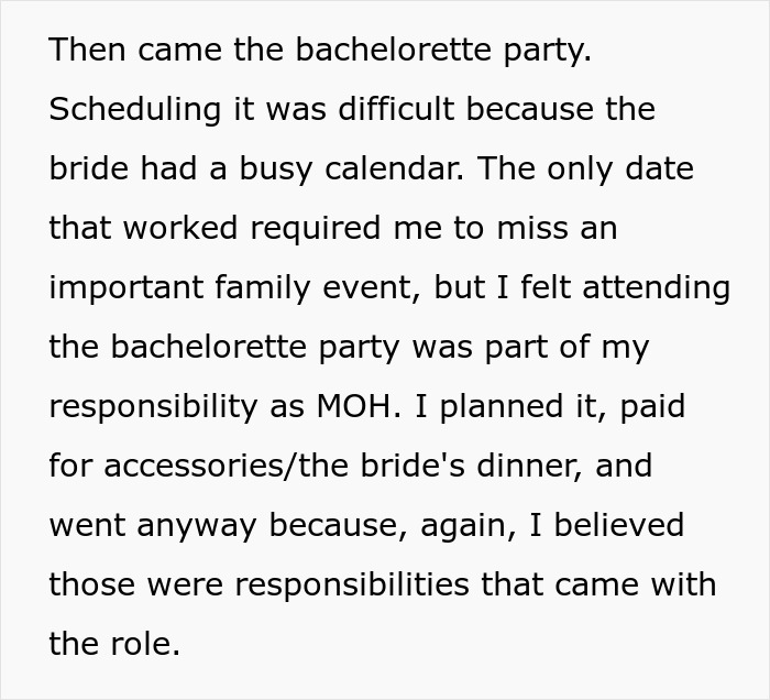 Text explaining bachelorette party scheduling and MOH duties
