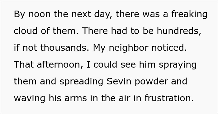 Text describing a neighbor's frustrated attempt to save his rose garden from a cloud of beetles after petty acts.