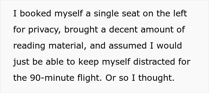 Text about booking a single seat for privacy on a 90-minute flight Text about booking a single seat for privacy on a 90-minute flight