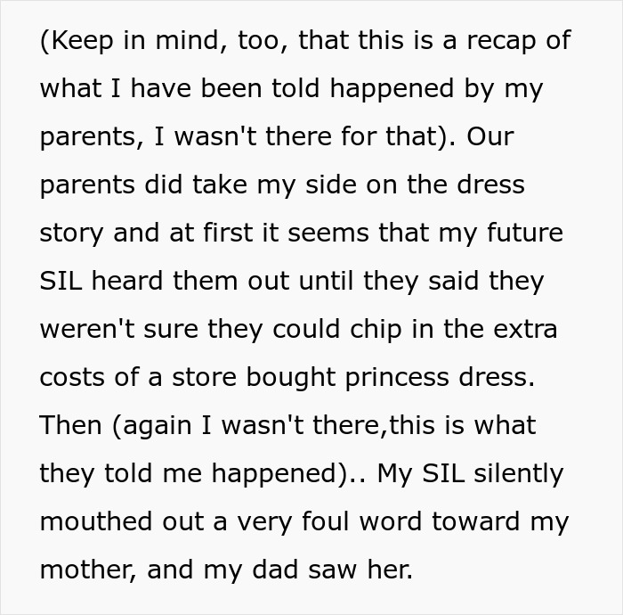 Text about sister-in-law reaction to wedding dress cost discussion