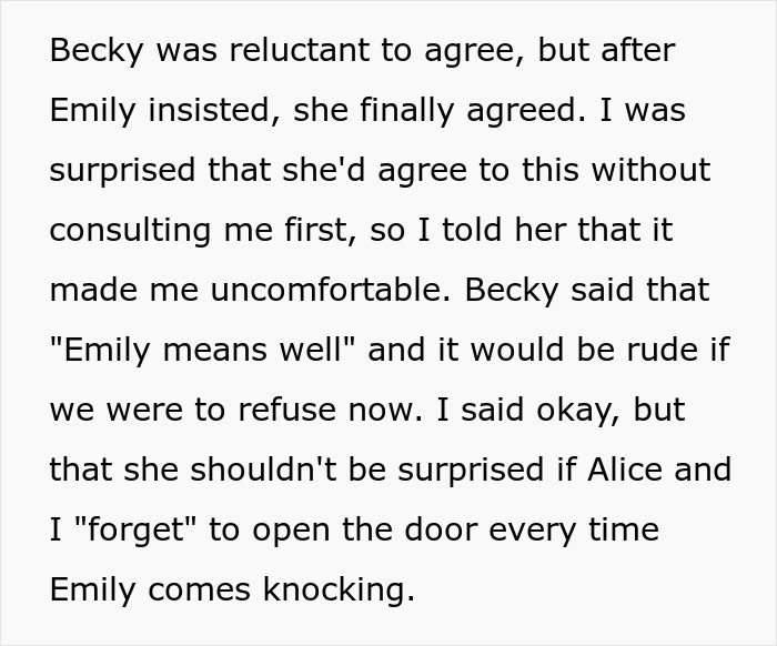 Text snippet about a creepy friend flirting with hubby, showing Emily insisting on something Becky initially refused.