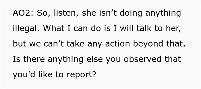 A screenshot showing text where an officer explains they can't take action against a pregnant woman working in a pub.