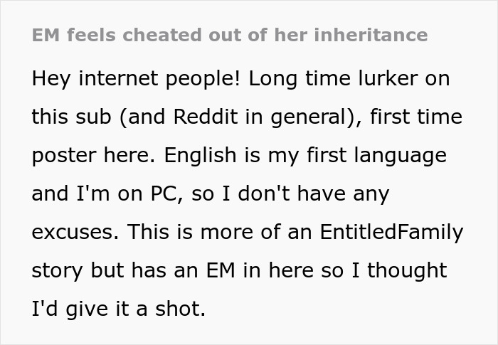 Text post about family seeing dollar signs at Grandma's funeral and inheritance issues. Text post about family seeing dollar signs at Grandma's funeral and inheritance issues.