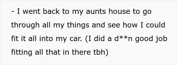 Text update about a woman fitting all her belongings into her car after being told to leave home.