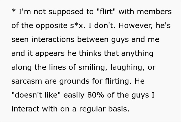 Screenshot showing a GF's life with a jealous toxic guy's rules, where he thinks smiling is flirting, ending up single.