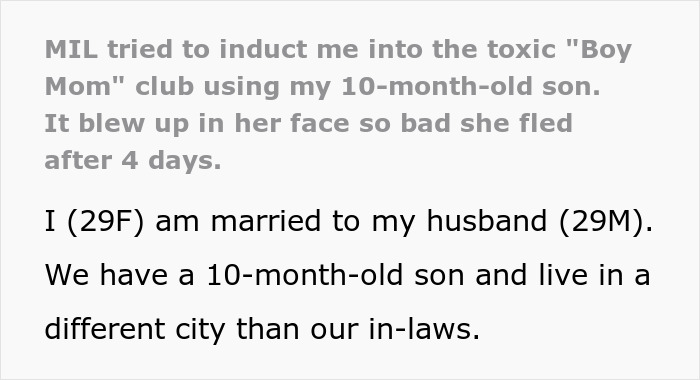 Text about MIL trying to involve 10-month-old son in toxic family dynamics Text about MIL trying to involve 10-month-old son in toxic family dynamics