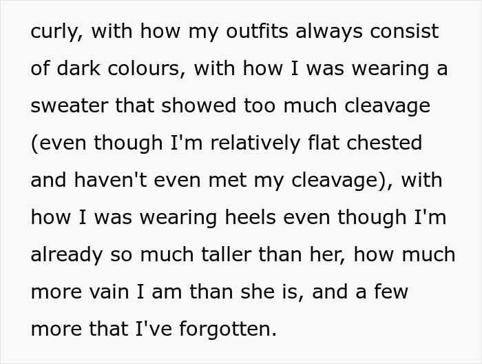 Text discussing outfit complaints and vanity accusations Text discussing outfit complaints and vanity accusations