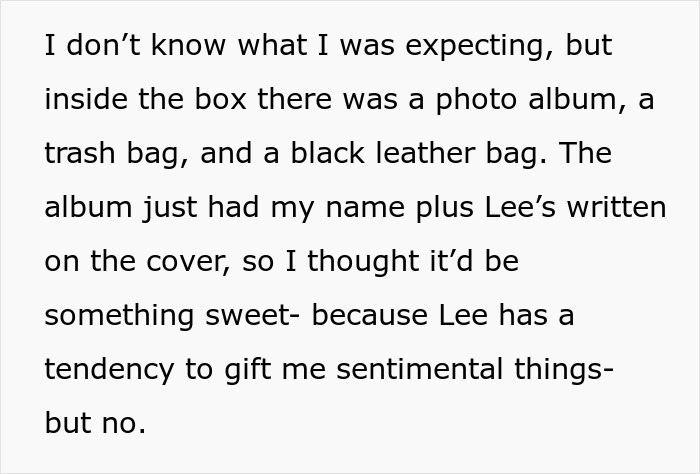 Woman opens husband’s memory box, finding a photo album, trash bag, and leather bag. Woman opens husband’s memory box, finding a photo album, trash bag, and leather bag.