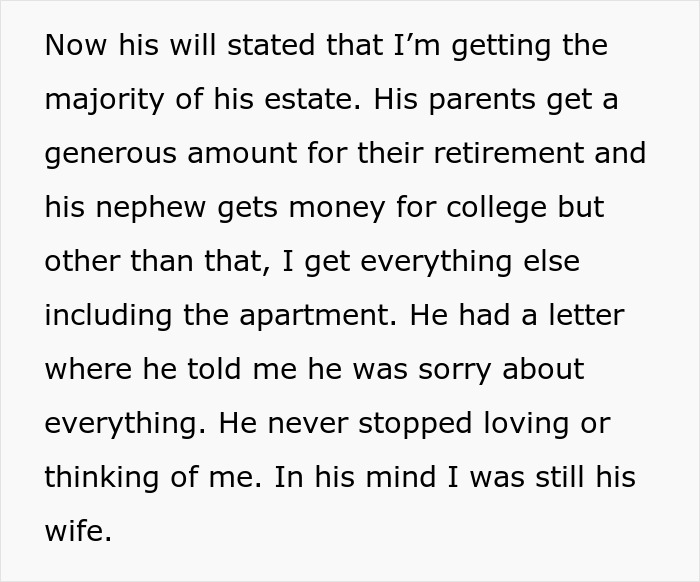 Text snippet explaining the man's will and the ex-wife receiving the majority of the inheritance and a final apology letter.
