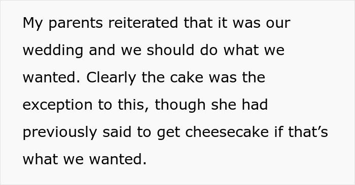 Parents emphasized couple's wedding choices except cake Parents emphasized couple's wedding choices except cake