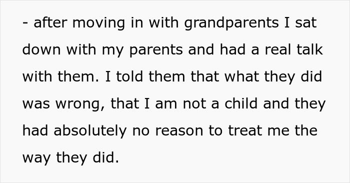 A woman has a serious talk with parents after moving in with grandparents, discussing the refusal to follow one rule.