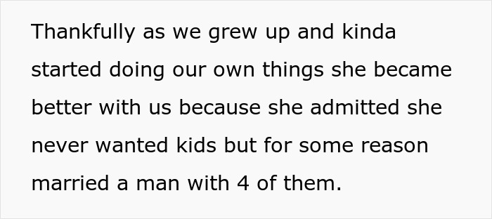 Text about the bride's stepmom not wanting kids and marrying a man with four, leading to wedding spite.