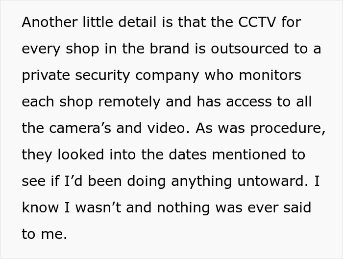 Text discussing outsourced CCTV monitoring for shops, crucial evidence in the unjust firing and stealing expos&eacute;.