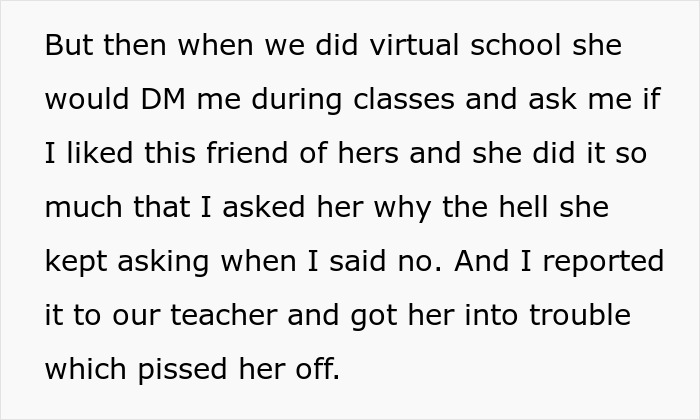 Screenshot of text describing the dad's girlfriend's daughter harassing the teen during virtual school, leading to a report.