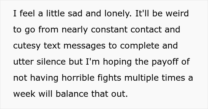 Screenshot of text reflecting on the sadness and loneliness after leaving a toxic guy but hoping for peace.