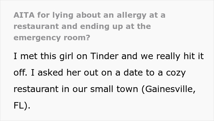 Screenshot of a Reddit post title asking if it's acceptable to lie about an allergy at a restaurant and end up in the emergency room.