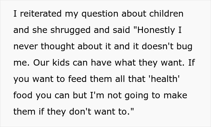 A screenshot of text discussing children's food preferences from a picky eater girlfriend in a relationship. A screenshot of text discussing children's food preferences from a picky eater girlfriend in a relationship.