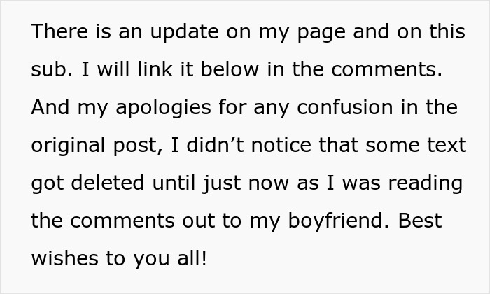 A woman is told to leave home after refusing to follow one rule. A text block with an update and apologies.