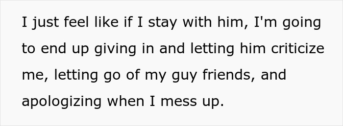 Text indicating a toxic guy's GF might give in to his criticism, jealousy, and ridiculous rules.