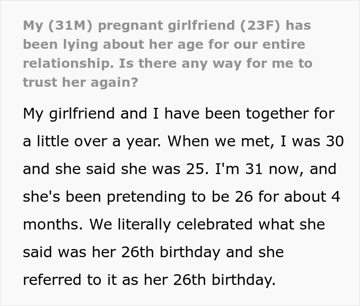 Text about pregnant girlfriend lying about her age and fake 26th birthday