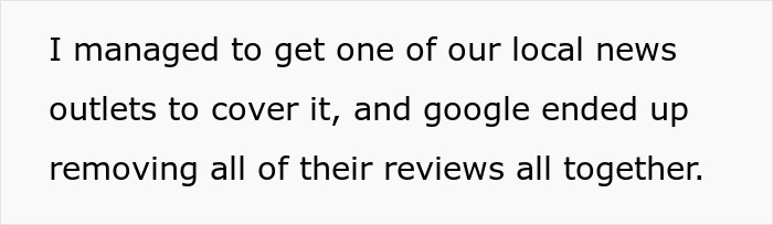 Text about local news covering the restaurant scam and Google removing all reviews