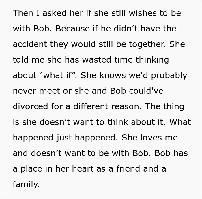 A screenshot of a text detailing a husband's accident and his ex-wife's refusal to leave his side, pondering the past.