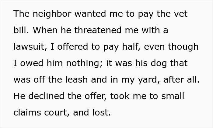 Screenshot of text about a neighbor's lawsuit threat, escalating petty acts, and eventual revenge with beetles.