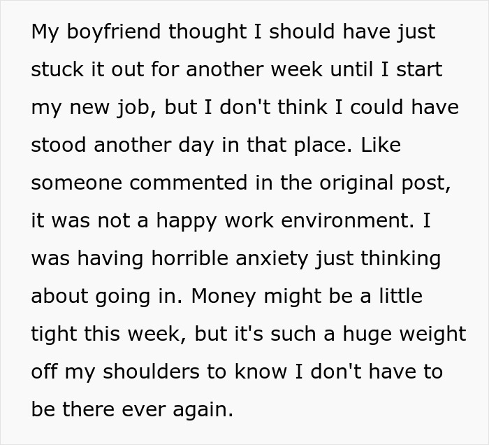 A woman discusses her decision to leave her job due to anxiety, acknowledging the job was on the line.