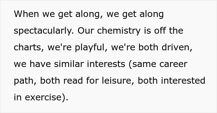 Screenshot of text discussing good chemistry and similar interests in a relationship, contrasting with the toxic guy's jealousy and rules.