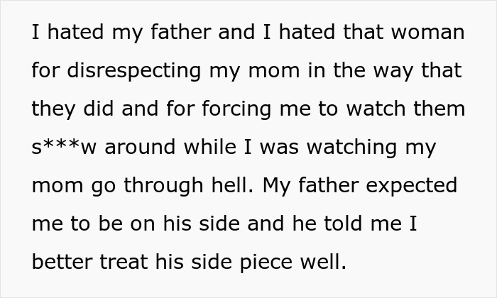 Emotional text about father and side piece disrespecting mom and forcing child to watch affair Emotional text about father and side piece disrespecting mom and forcing child to watch affair