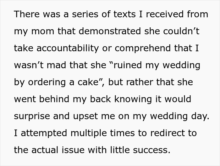Bride's mom refuses accountability after wedding cake surprise causes upset Bride's mom refuses accountability after wedding cake surprise causes upset