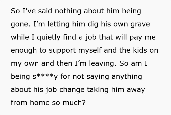 Text discussing wife planning to leave husband due to his involvement promises
