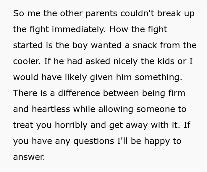 Text explaining why parents couldn't break up the fight, involving the bully and a snack. Parents refuse to take bully on beach trip. Text explaining why parents couldn't break up the fight, involving the bully and a snack. Parents refuse to take bully on beach trip.