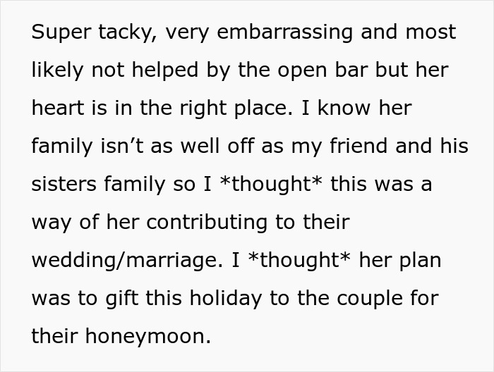 Text describing a woman's drunken tantrum regarding a honeymoon trip with her son and a hotel holiday.