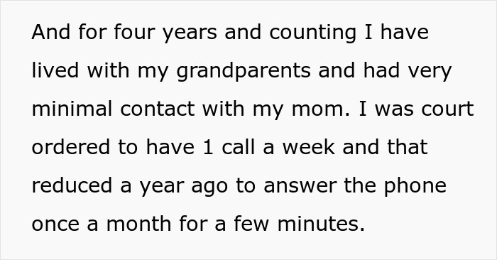 Text about teen living with grandparents with limited mom contact by court order