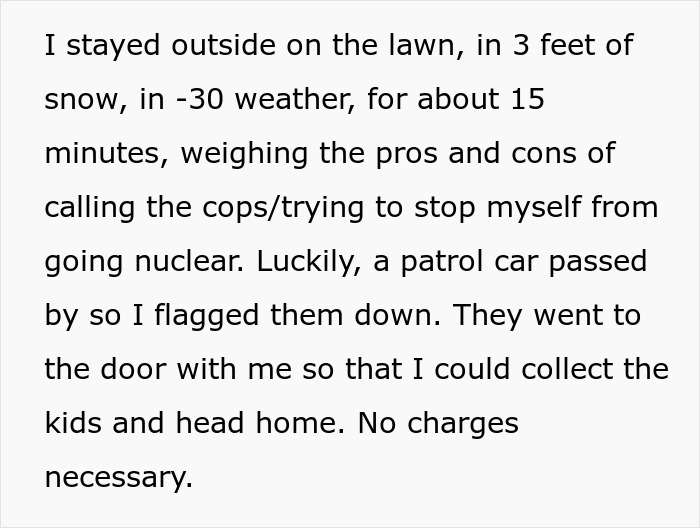 Text describing DIL outside in snowy cold weather flagging down police for help Text describing DIL outside in snowy cold weather flagging down police for help